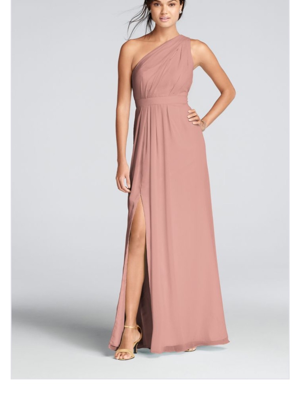 David's Bridal One-Shoulder Dusty Mauve Gown with Side Slit